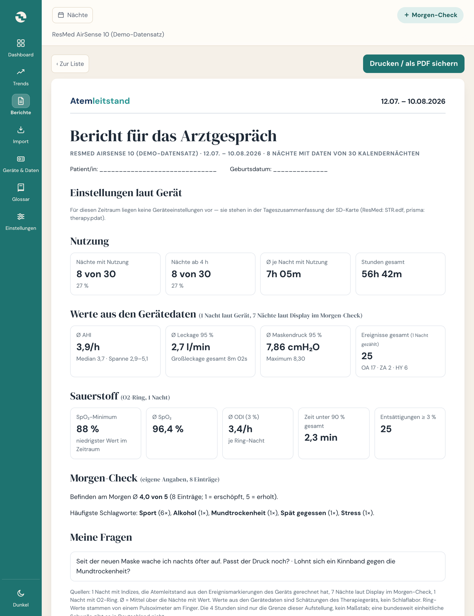 Arztbericht aus Atemleitstand auf einer DIN-A4-Seite: Zeitraum, Nutzung, AHI, Leckage, Druck, Sauerstoffsättigung, Befinden und ein Feld für eigene Fragen an den Arzt